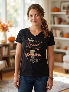 Women’s Black V-Neck Tee - Pumpkin Spice Graphic